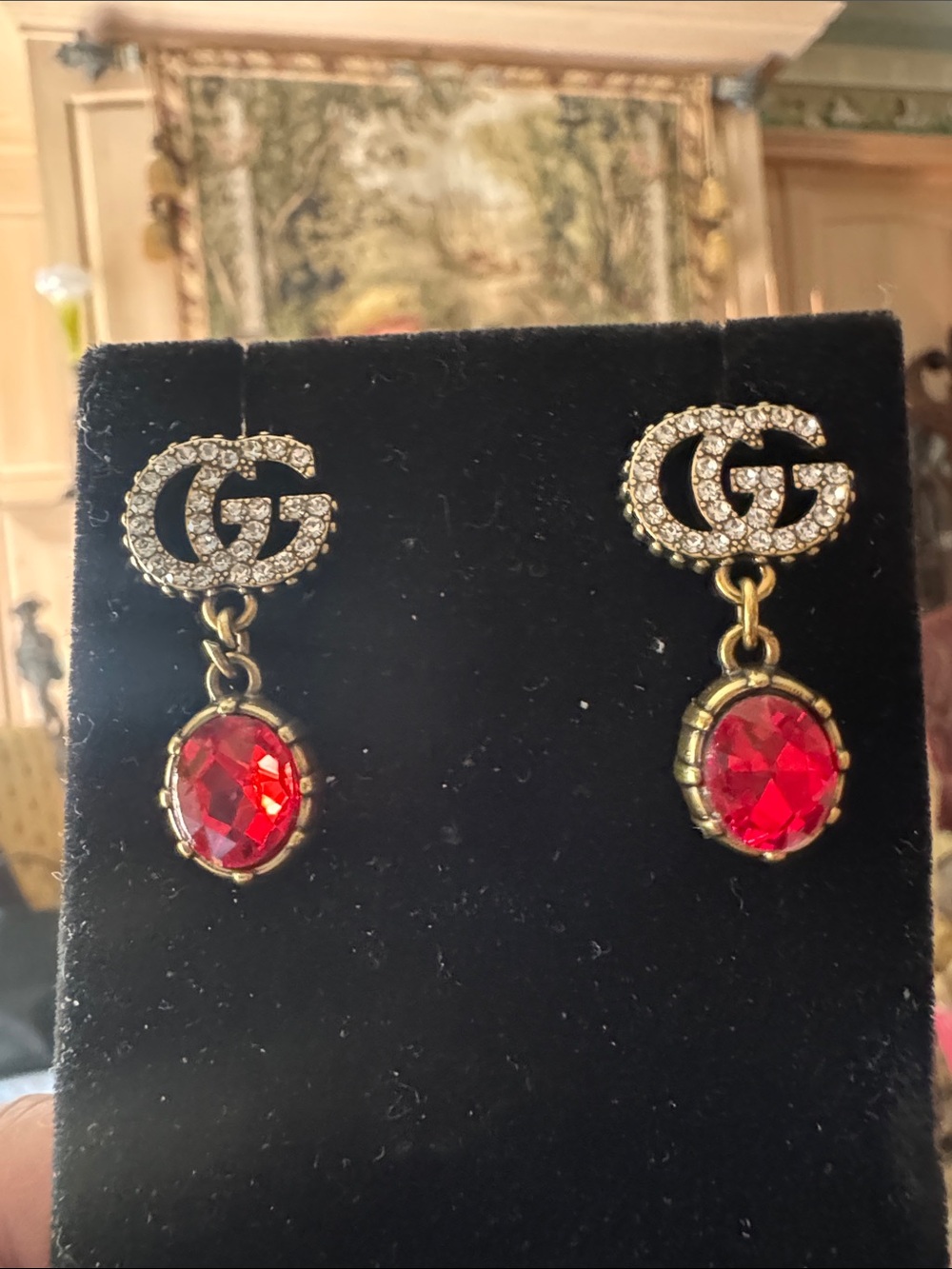 Earrings Gold-Tone Crystal GG Drop Earrings with Red crystal - Picture 2 of 4